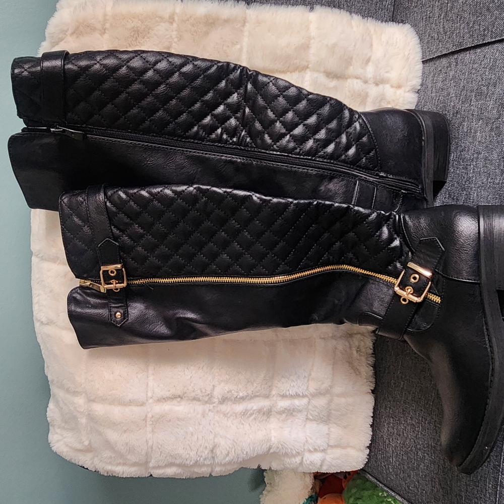 Black Quilted Knee-High Boots